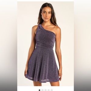 Lulu’s Celebration Cutie Purple Sparkly One-Shoulder Skater Mini Dress